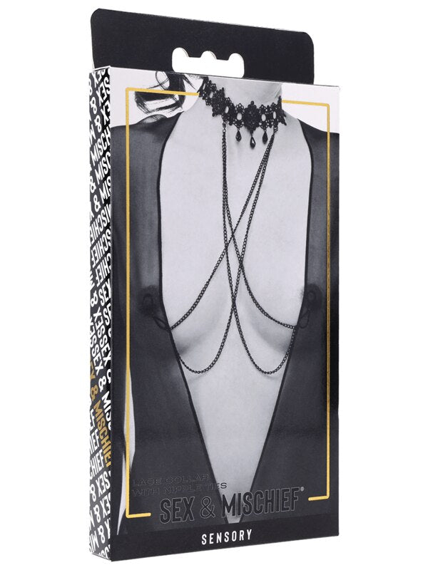 Sex & Mischief Lace Collar with Nipple Ties - Black Neck and Nipple Restraints
