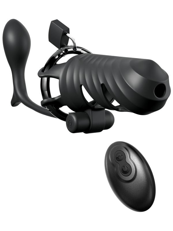 Fantasy C-Ringz Remote-Controlled Vibrating Cock Blocker with Ass-Gasm Plug - Black Vibrating Cock Cage with Anal Plug