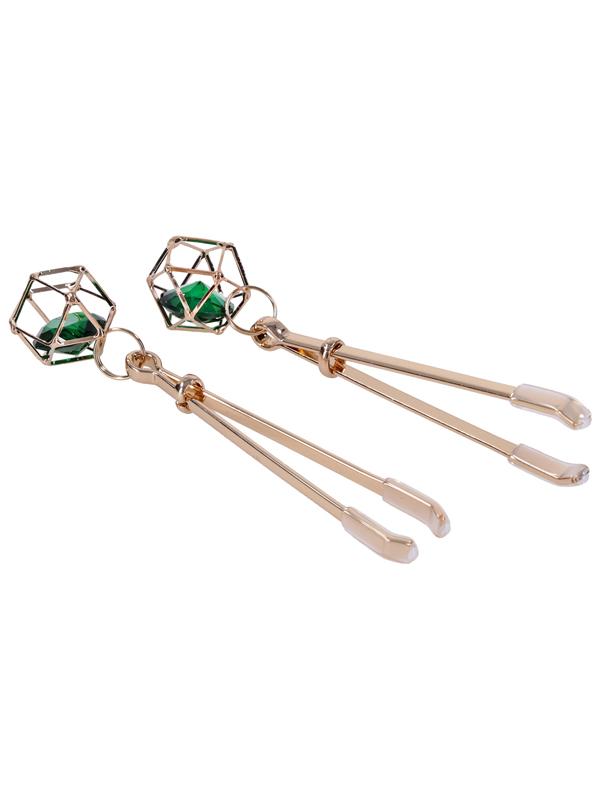 Sex & Mischief Indica Crystal Nipple Clips - Gold Nipple Clips with Emerald Gems