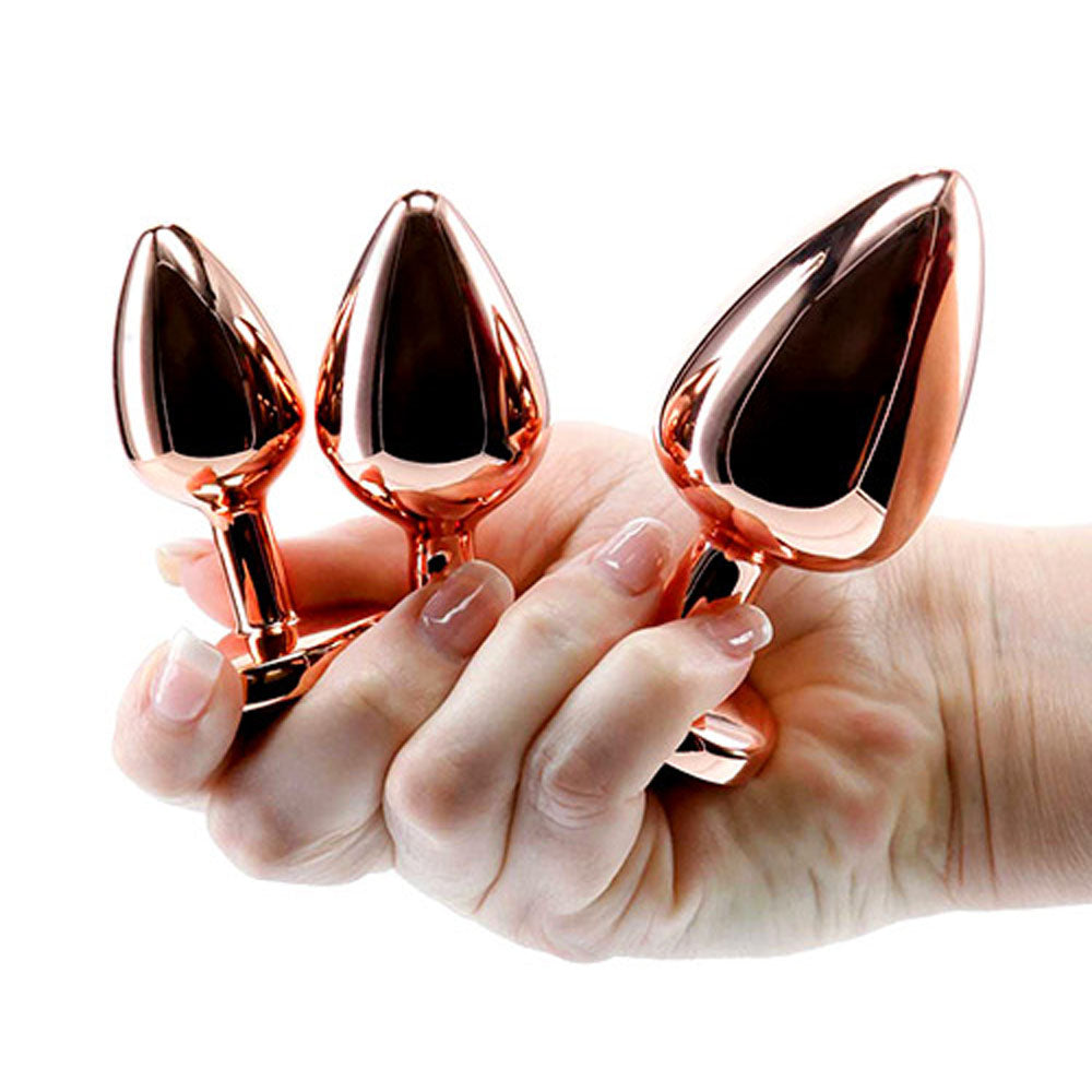 Adam & Eve ROSE GOLD HEART GEM ANAL TRAINING SET - Rose Gold Metal Anal Plugs with Pink Gem Bases - Set of 3 Sizes