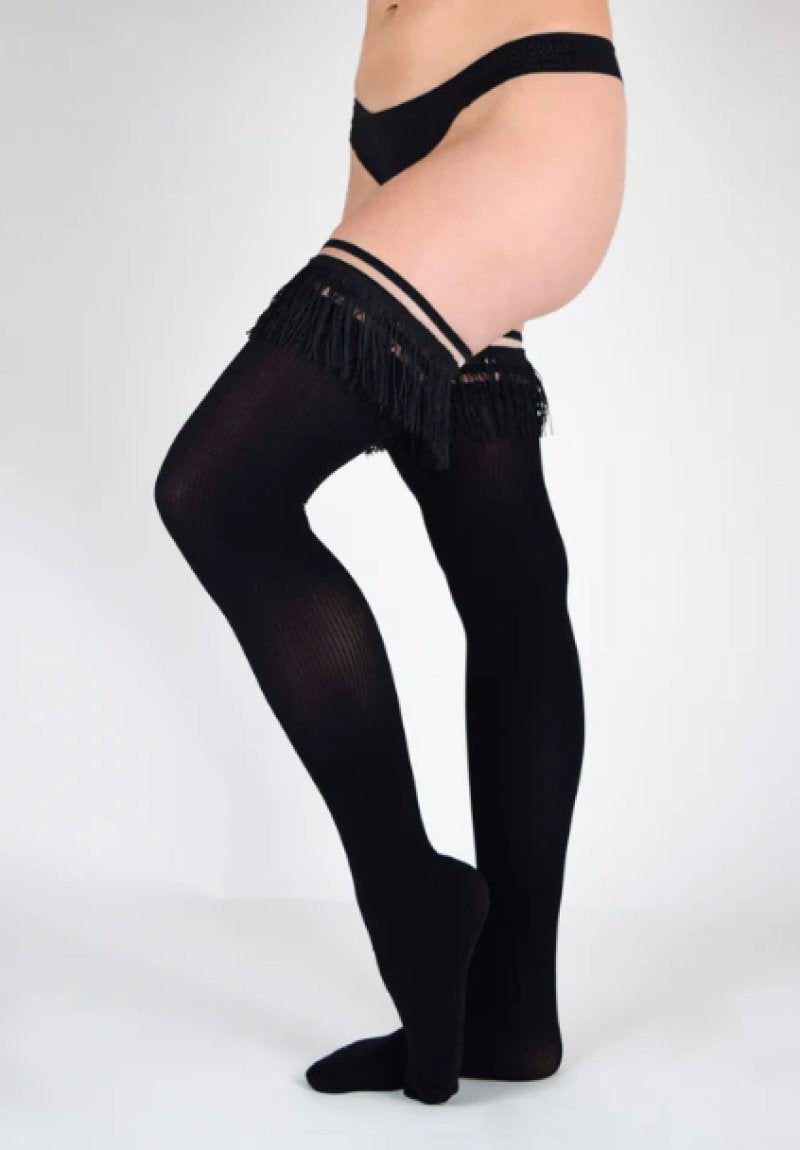 Kixies KEILA Fringe Sheer Thigh Highs - Black - Size B