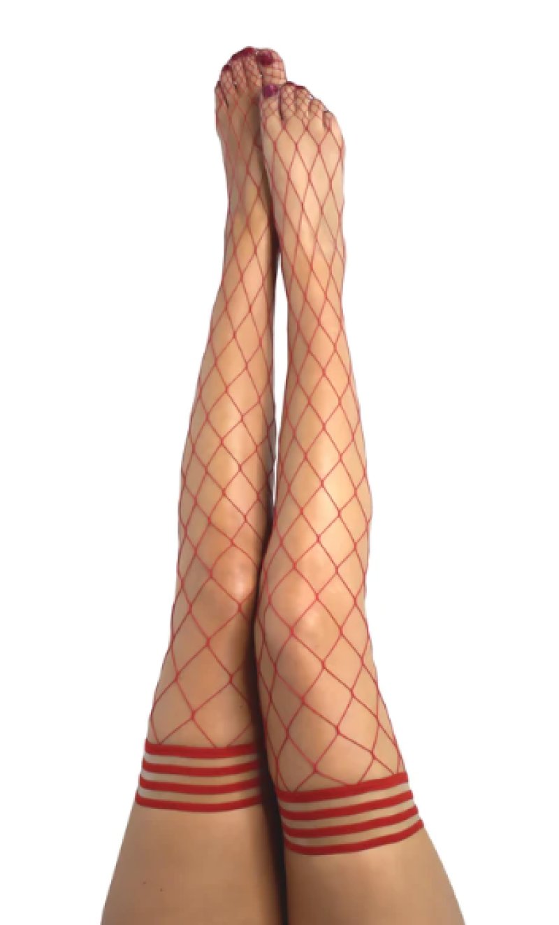 Kixies CLAUDIA Large Diamond Red Fishnet Thigh Highs - Red - Size C