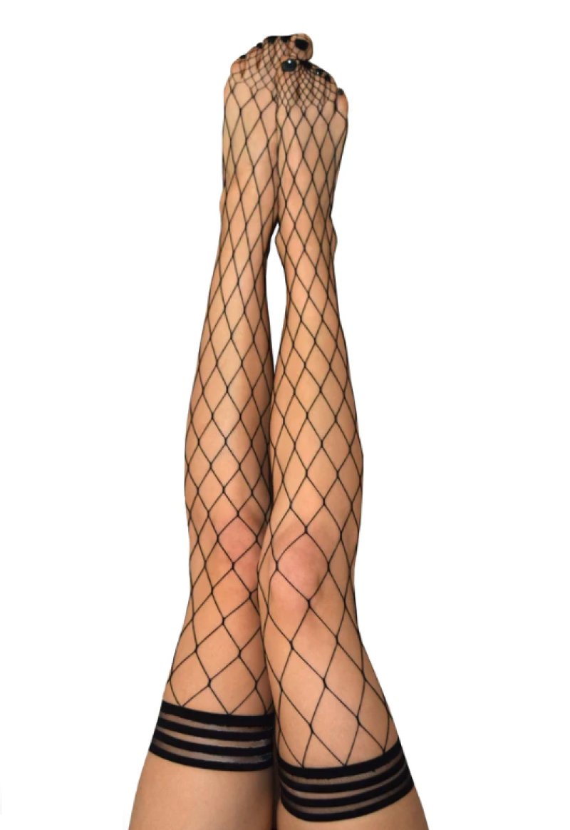 Kixies MICHELLE Large Diamond Black Fishnet Thigh Highs - Black - Size A