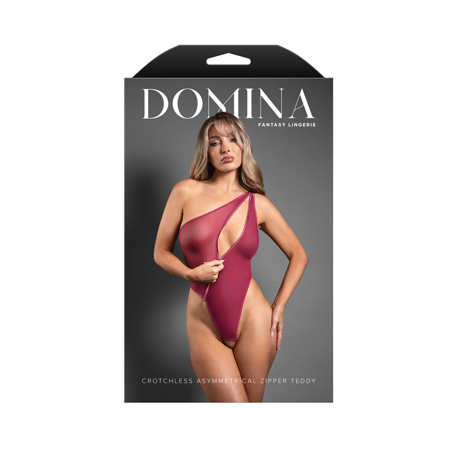 DOMINA Crotchless Asymmetrical Zipper Teddy - S/M - Berry Red - S/M Size