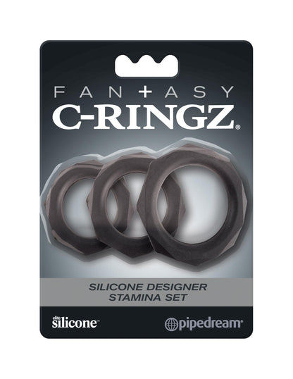 Fantasy C-Ringz Silicone Designer Stamina Set - Black Cock Rings - Set of 3 Sizes