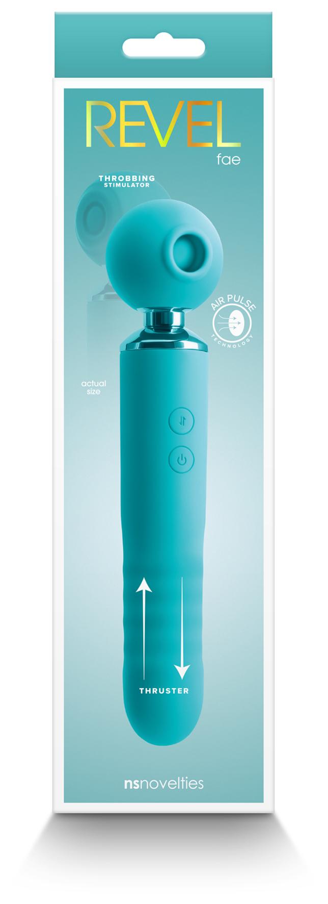 Revel Fae - Teal 19.5 cm USB Rechargeable Thrusting Massage Wand w/ Air Pulsation