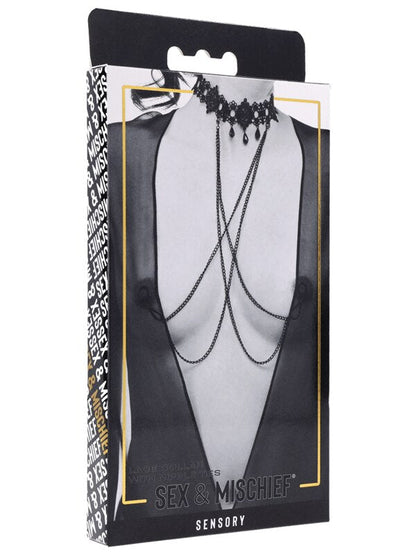 Sex & Mischief Lace Collar with Nipple Ties - Black Neck and Nipple Restraints