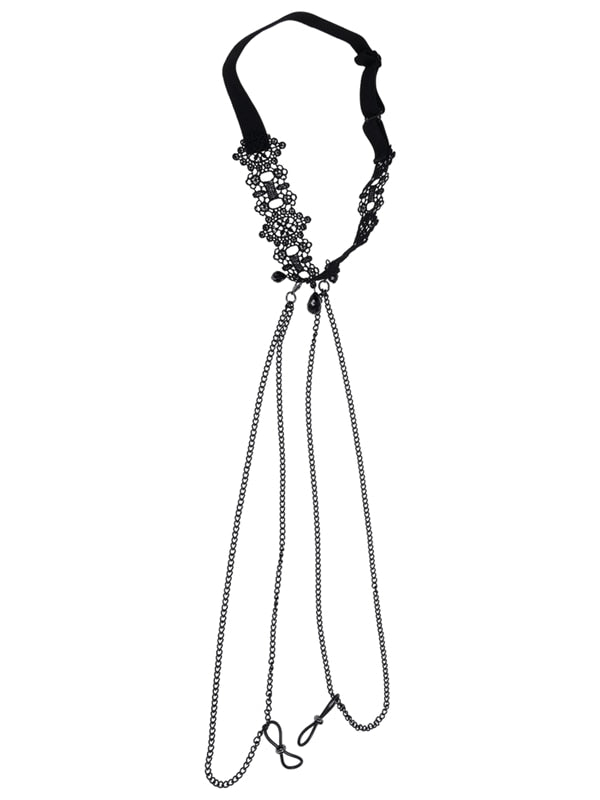 Sex & Mischief Lace Collar with Nipple Ties - Black Neck and Nipple Restraints