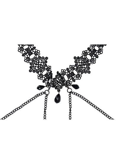 Sex & Mischief Lace Collar with Nipple Ties - Black Neck and Nipple Restraints