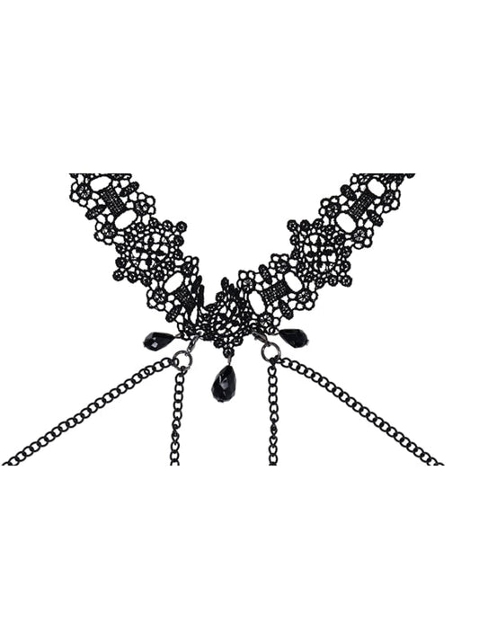 Sex & Mischief Lace Collar with Nipple Ties - Black Neck and Nipple Restraints
