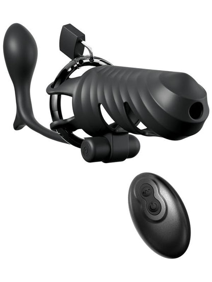 Fantasy C-Ringz Remote-Controlled Vibrating Cock Blocker with Ass-Gasm Plug - Black Vibrating Cock Cage with Anal Plug