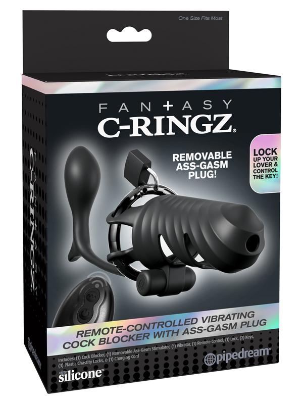 Fantasy C-Ringz Remote-Controlled Vibrating Cock Blocker with Ass-Gasm Plug - Black Vibrating Cock Cage with Anal Plug