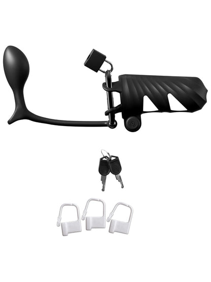 Fantasy C-Ringz Remote-Controlled Vibrating Cock Blocker with Ass-Gasm Plug - Black Vibrating Cock Cage with Anal Plug