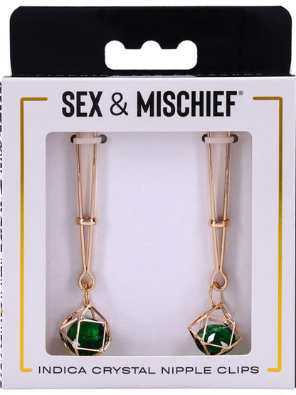 Sex & Mischief Indica Crystal Nipple Clips - Gold Nipple Clips with Emerald Gems