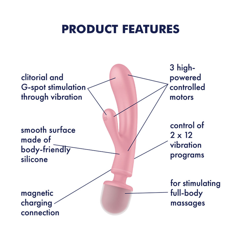 Satisfyer Triple Lover - Pink USB Rechargeable Rabbit Vibrator and Massage Wand
