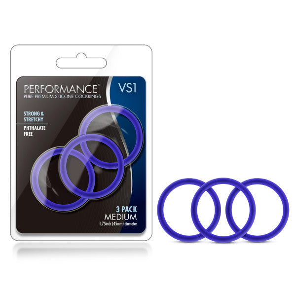 Performance VS1 Pure Premium Silicone Cock rings - Indigo Blue Medium Cock Rings - Set of 3