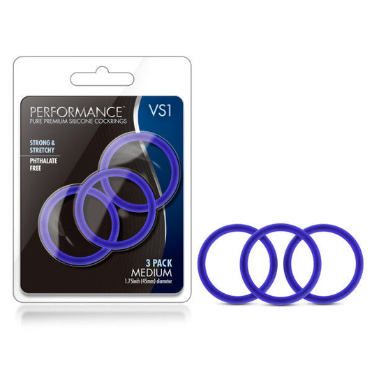 Performance VS1 Pure Premium Silicone Cock rings - Indigo Blue Medium Cock Rings - Set of 3