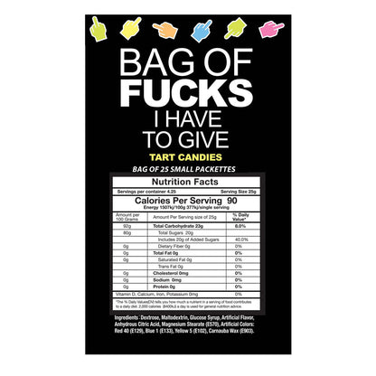 Bag Of Fucks I Have To Give - Bag of 25 - Fruit Flavoured Lollies - Bag of 25 Mini Packs