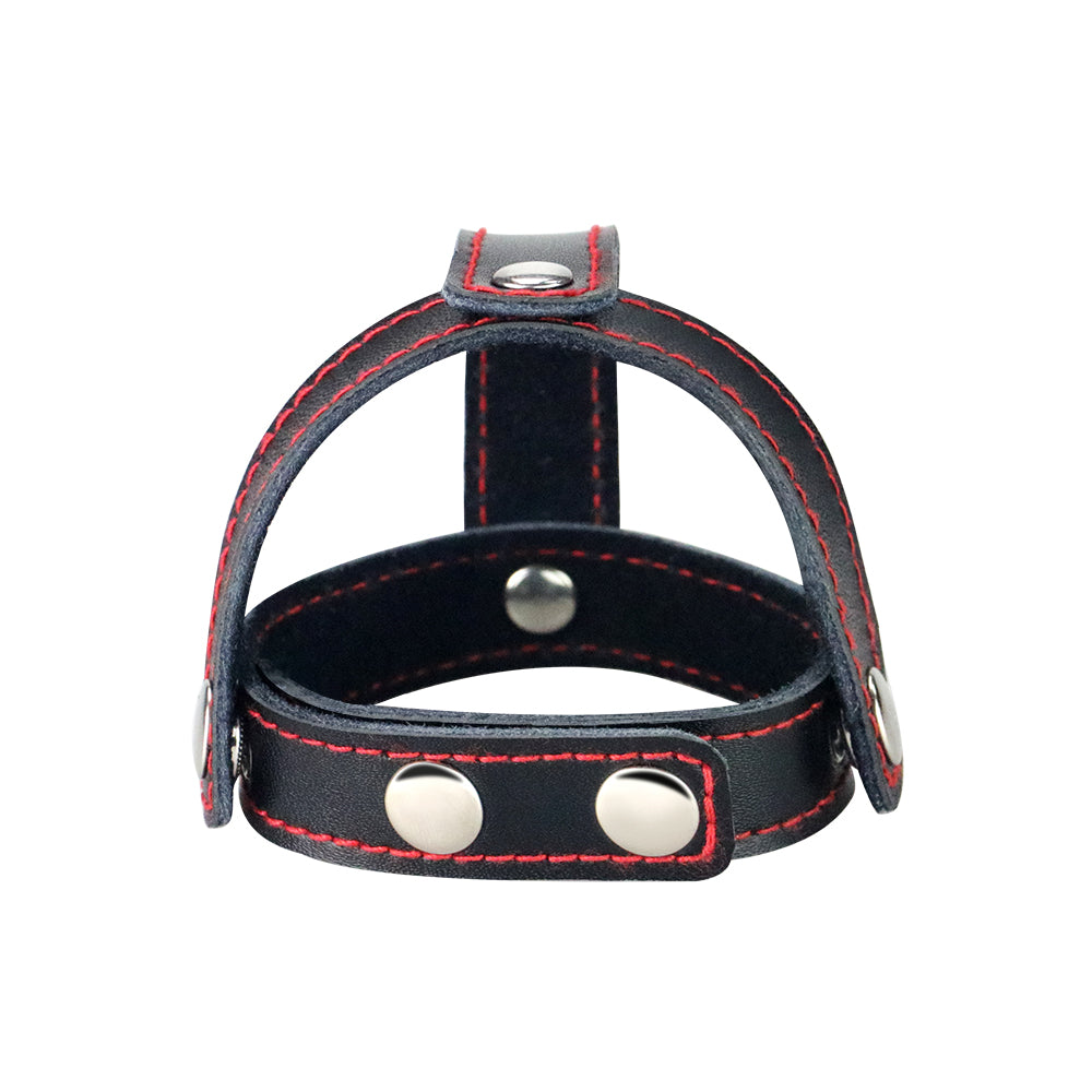 Bondage Fetish T-Style Leather Cock Ring with Ball Divider - Black Cock Ring