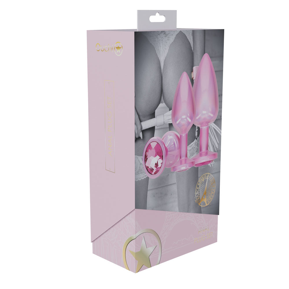 OUCH! Paris Collection - Metal Anal Plug Set - Pink - Metallic Pink Butt Plugs with Gem Bases - Set of 3 Sizes