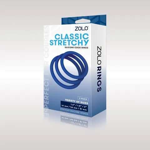 Zolo Classic Stretchy Silicone Cock Ring 3-Pack Blue - Set of 3 Sizes