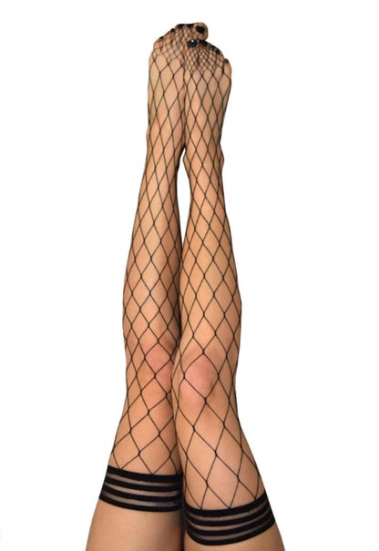 Kixies MICHELLE Large Diamond Black Fishnet Thigh Highs - Black - Size C
