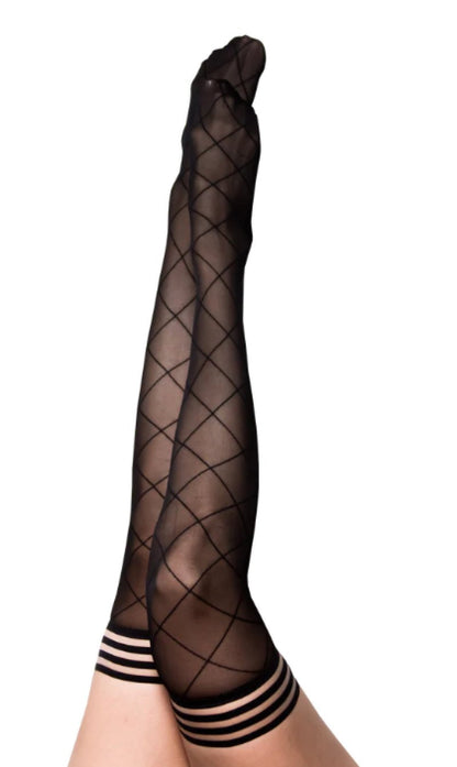 Kixies ANNA Sheer Black Diamond Thigh Highs - Black - Size A