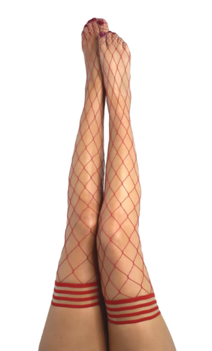 Kixies CLAUDIA Large Diamond Red Fishnet Thigh Highs - Red - Size B